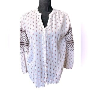 ONeill Womens  Geometric Print Gauze Button Down Blouse Cream‎ Boho  Size Small